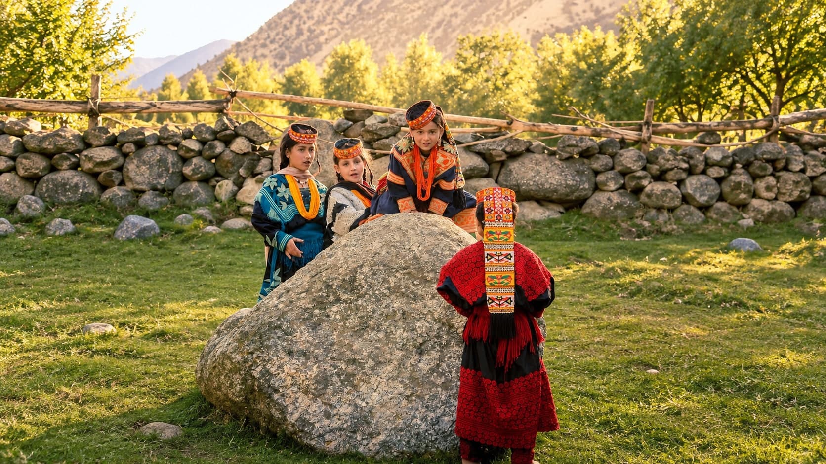 Kalash girls in embroidered headdresses beside a boulder in a Kalash valley, the Hindu Kush behind